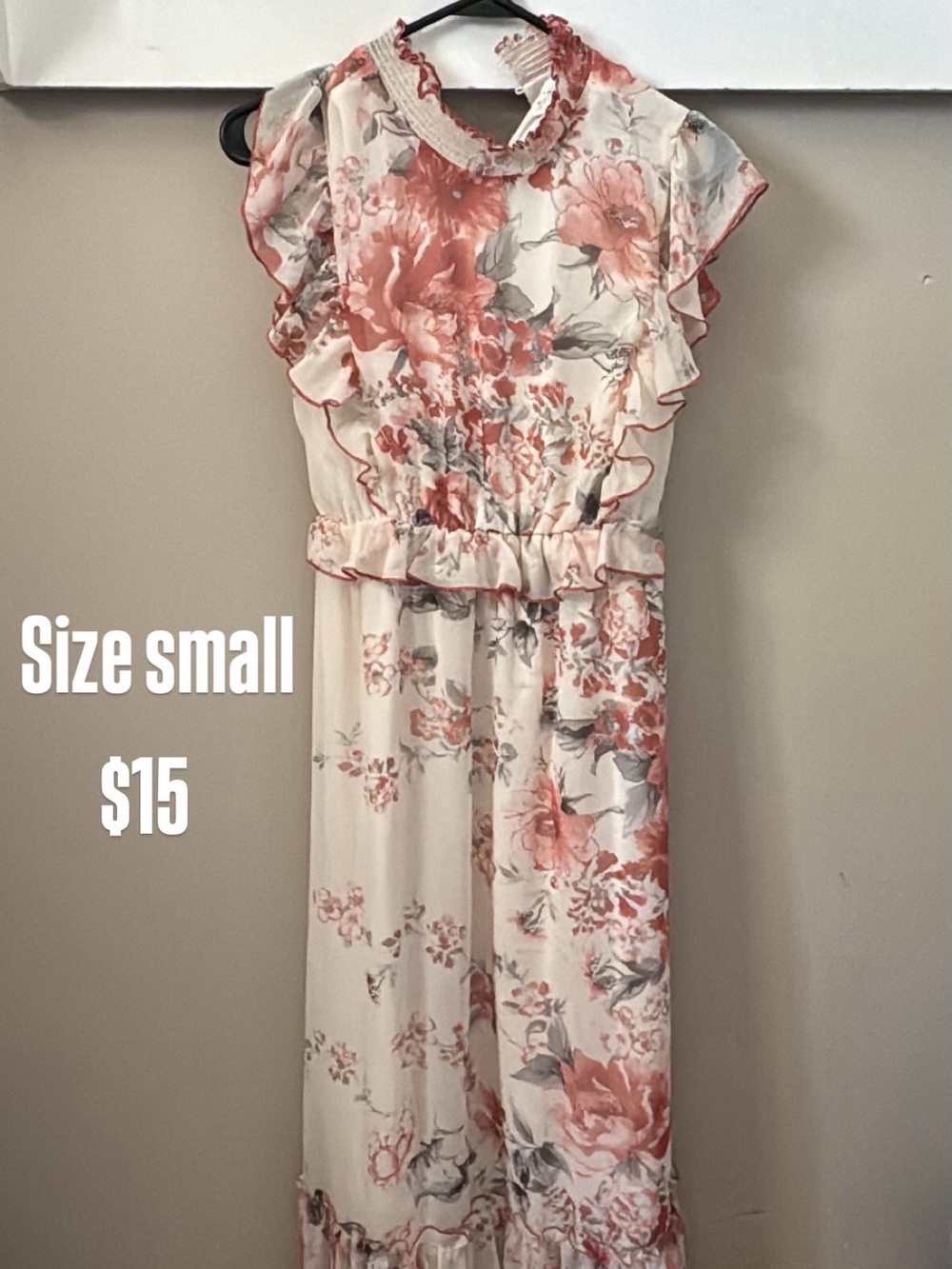 Floral Ruffle Maxi Dress in Cream and Dusty Rose